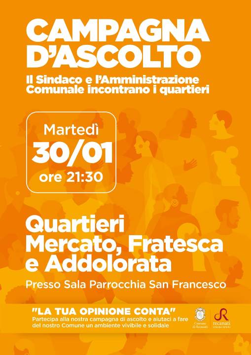 Campagna d‘Ascolto nei Quartieri: martedì 30 gennaio ore 21:30