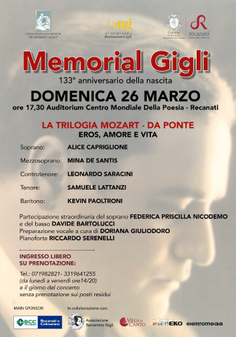 Memorial Gigli domenica 26 marzo Auditorium Centro Mondiale della poesia ore 17:30