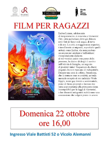 Film per ragazzi “ELEMENTAL”, Cinema Sala Gigli, domenica 22 ottobre ore 16:00